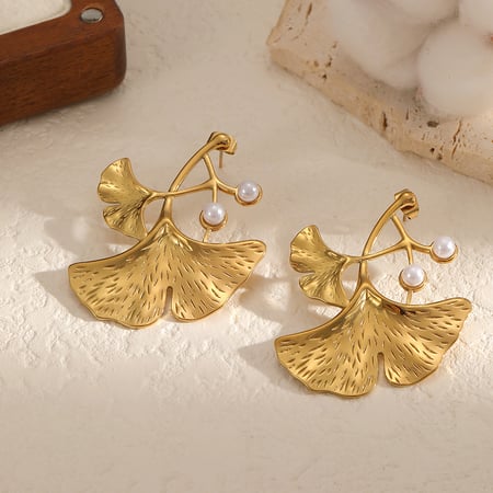 1 paire de boucles d&#39;oreilles à clous en acier inoxydable doré avec perles, style rétro feuille 2