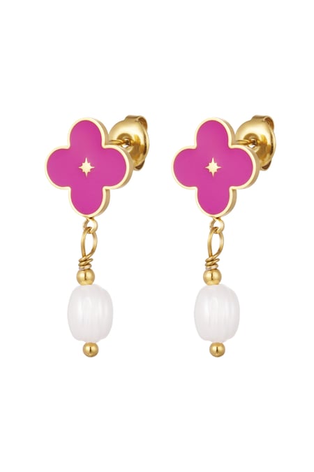 Earrings flower with pearl - Gold color/fuchsia