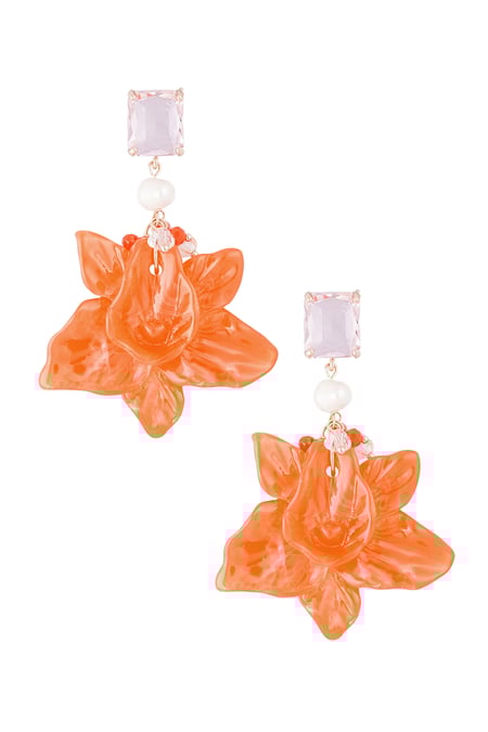 Pendientes de fiesta con perlas florales - naranja/rosa  2