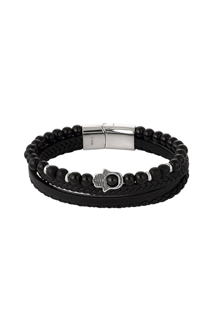 Dubbele mannenarmband met handbedel - Zwart Zilver 2