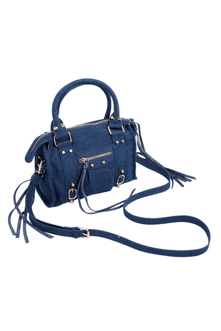 Blue fringed multi-pocket bag