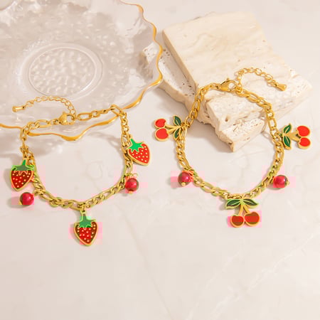 Bracelets à breloques pour femmes en acier inoxydable couleur or avec motif de fruits émaillés et taches d'huile 2