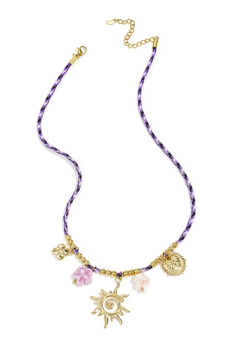 Colorful cord necklace with varying pendants purple 2