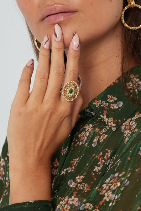 Ring round twister with stone - Gold color/brown