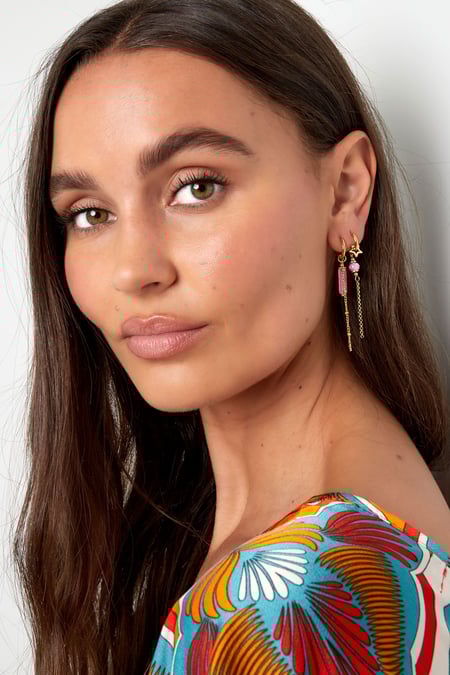 Earrings with bead pendant - Gold color/pink Stainless Steel