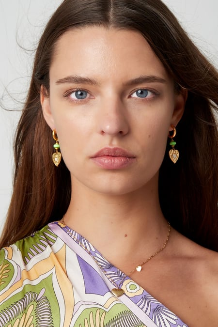 Earrings heart coin with green bead - Gold color/green