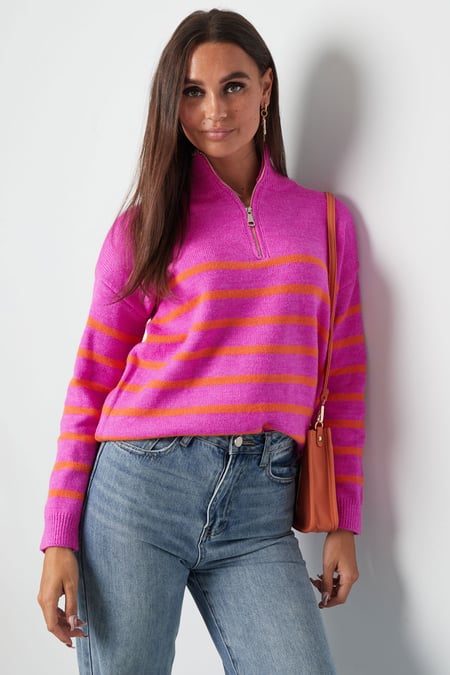 Maglione lavorato a maglia a strisce con cerniera - beige nero - SM