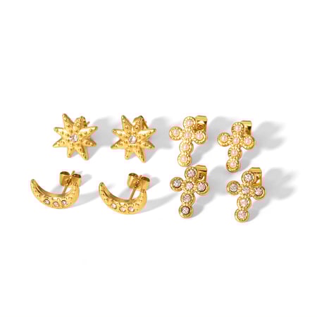 1 Paar modische und exquisite 18 Karat vergoldete Edelstahl-Ohrringe mit Punktdiamanten und achtzackigem Stern, Perlenkreuz als Damenschmuck für den Alltag
