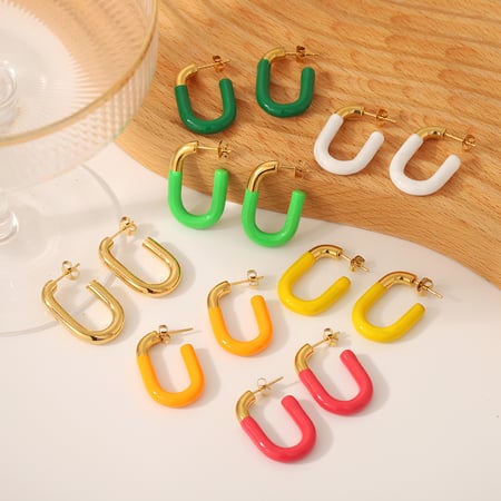 1 par de aretes creativos y modernos de acero inoxidable chapado en oro de  con forma de u y gotas de aceite de colores para joyería de mujer para uso diario. 2