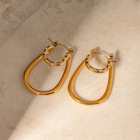 Cross-border new  style  gold stainless steel white rhinestone double-layer arc earrings light luxury high-end exaggerated earrings 2
