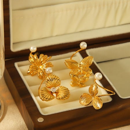 1 pièce exquise et élégante bague ouverte en acier inoxydable plaqué or  avec fleur irrégulière et papillon en perle pour bijoux pour femmes à porter au quotidien 2