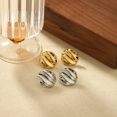 1 pair of classic fashion  gold-plated stainless steel geometric round wrinkled texture earrings for women's jewelry for daily wear