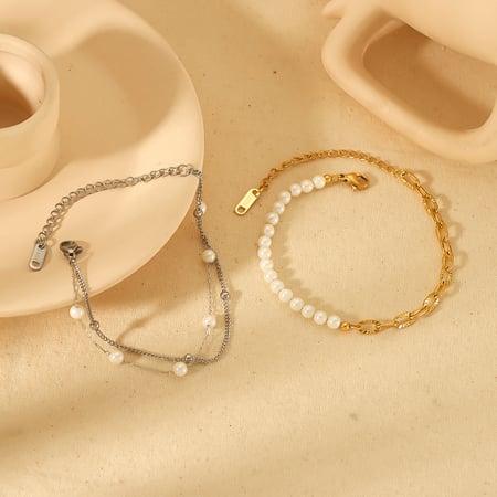 1 piece of exquisite and elegant  gold-plated stainless steel double-layer pearl chain bracelet for women's jewelry for daily wear