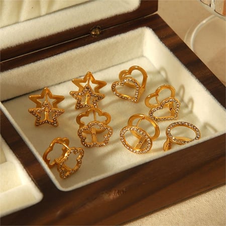1 Paar exquisite und modische 18 Karat vergoldete Edelstahlohrringe mit hohlen Diamanten, Stern, Blume und Herz für den täglichen Gebrauch von Damen 2
