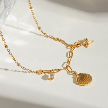 1 piece simple vacation style hammered starfish shape stainless steel  gold plated rhinestone women's pendant necklace 2