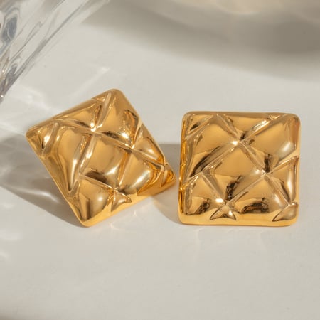 1 Pair Retro Plaid Square Shape Stainless Steel  Gold Color Stud Earrings 2