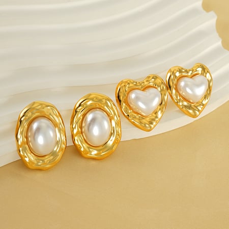1 pair light-luxury casual style oval heart shape stainless steel  gold plated inlay artificial pearl women's stud earrings 2