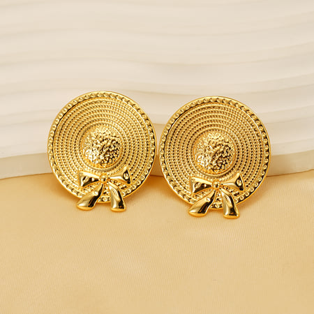 1 pair classic series retro plaid stainless steel  gold plated women drop earrings 2