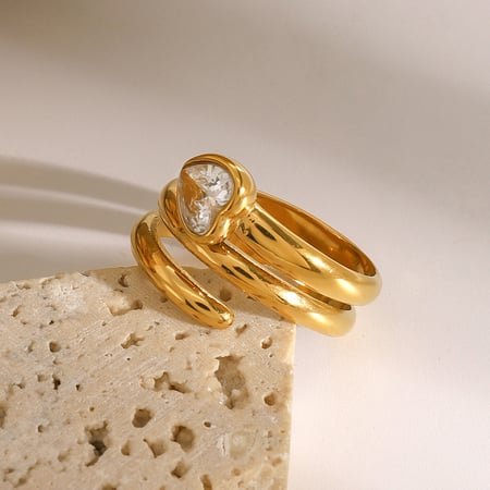 Bague simple décontractée en acier inoxydable avec zircon couleur or pour femme, 1 pièce 2