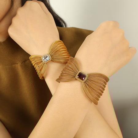 1 pezzo classico serie retrò fiocco nodo acciaio inossidabile 18K placcato oro zircone donne braccialetti 2