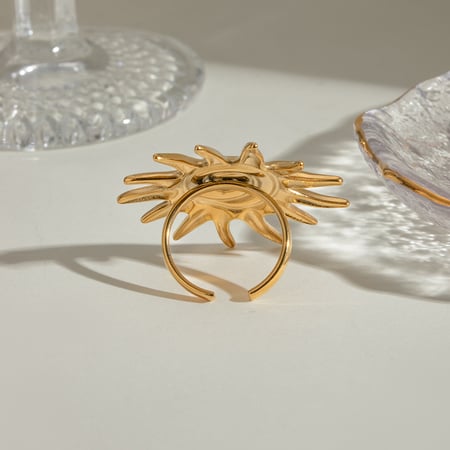 Anillo ajustable de acero inoxidable color dorado con diseño de sol retro para mujer, 1 pieza