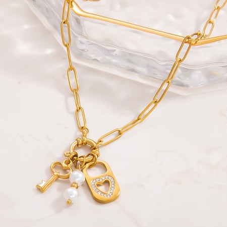 collier avec pendentif en acier inoxydable plaqué or  et strass pour femme, série classique, style rétro 2