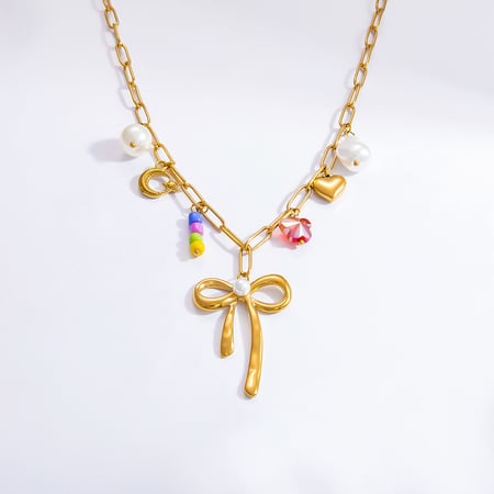 1 piece romantic series sweet bowknot stainless steel  gold color plated artificial pearl women's pendant necklaces