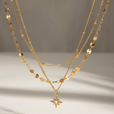 collier rétro soleil/lune en acier inoxydable plaqué or  pour femme, 1 pièce, série classique, avec strass superposés 2