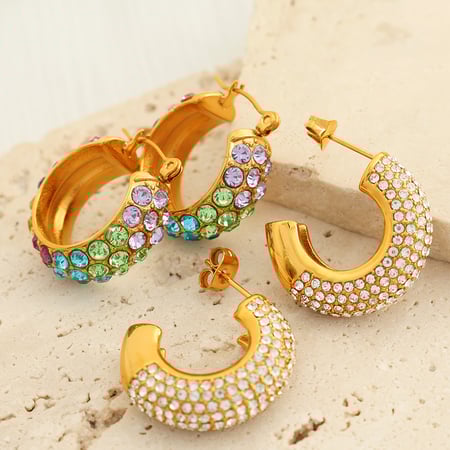 1 pair luxurious series simple geometric stainless steel  gold color plated rhinestone women's hoop earrings 2