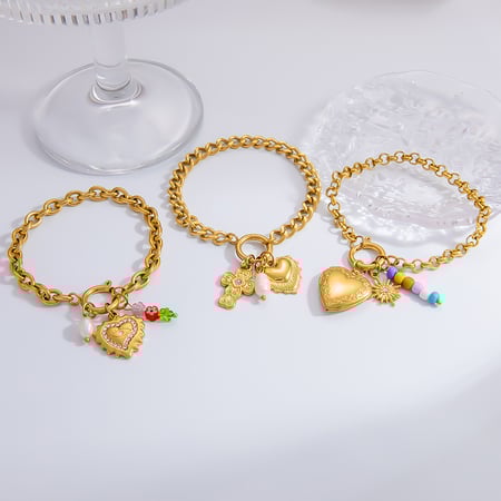 1 piece classic series daily heart stainless steel  gold color plated rhinestone women's charm bracelets