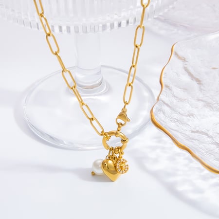 1 piece classic series stylish heart stainless steel  gold color plated artificial pearl women's pendant necklaces 2