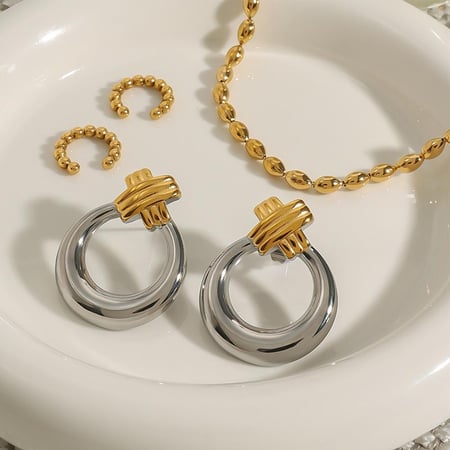 1 Pair Modern Series Daily Annular Stainless Steel Gold And Silver Mixed Color Women's Stud Earrings 2