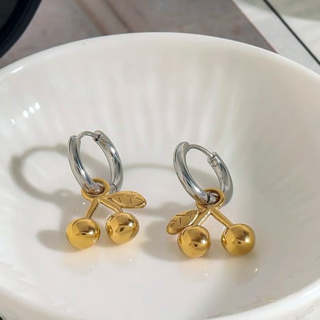 1 paire de boucles d'oreilles pendantes élégantes en acier inoxydable plaqué or pour femme, série romantique, cerise 2