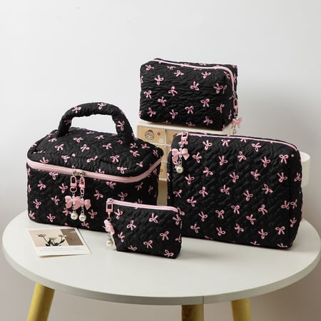 1 Piece Stylish Bowknot Portable Large Capacity Beauty Case With Random Printing Design Women's Black Cosmetic Bags 2