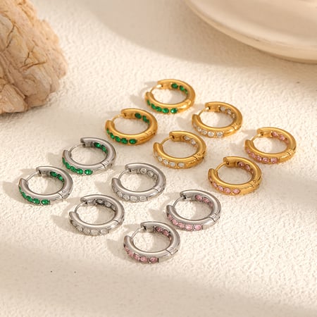 1 Pair Polychrome Series Shining Annular Stainless Steel Gold Color Zircon Women's Hoop Earrings 2