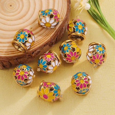 1 Piece Gorgeous Series Vogue Enamel Flower Pattern Bell Shape Stainless Steel Gold Color Women's Pendants 2