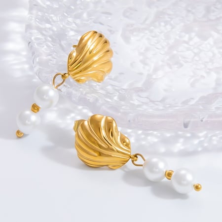 1 Pair Graceful Series Elegant Conch Shape Beads Stainless Steel Gold Color Women's Drop Earrings