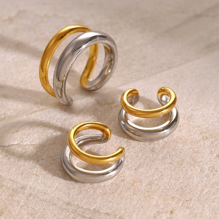 1 paio di anelli singoli da donna in acciaio inossidabile placcato oro , semplici e geometrici, serie semplice 2