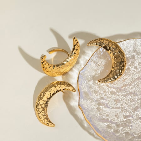 1 Piece Exquisite Series Classic Moon Hammered Texture Stainless Steel Gold Color Women's Adjustable Rings