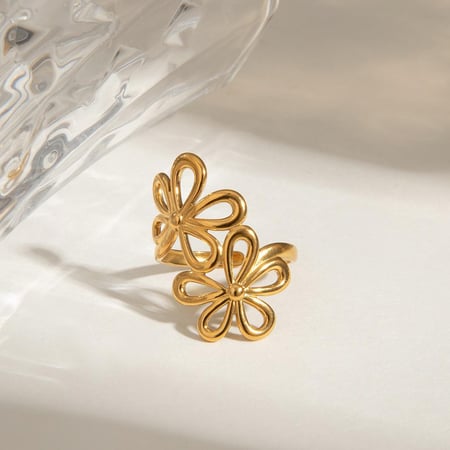 1 Piece Romantic Series Elegant Double Flowers Stainless Steel Gold Color Women's Adjustable Rings 2