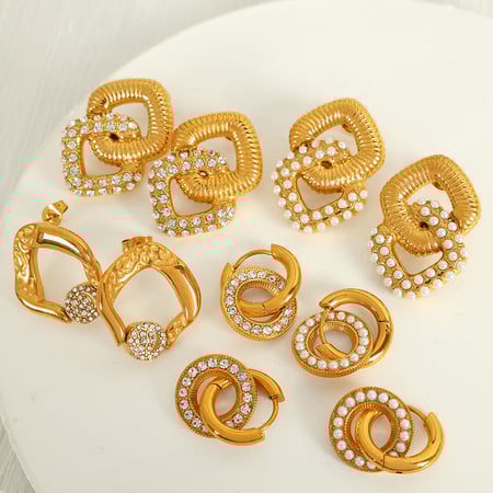 1 pair classic series retro geometric stainless steel  gold plated rhinestone women drop earrings 2