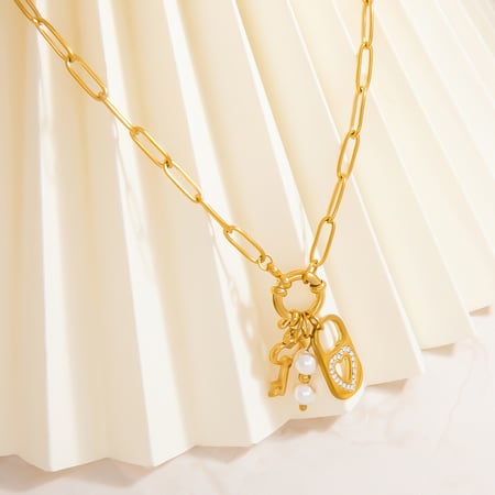 collier avec pendentif en acier inoxydable plaqué or  et strass pour femme, série classique, style rétro