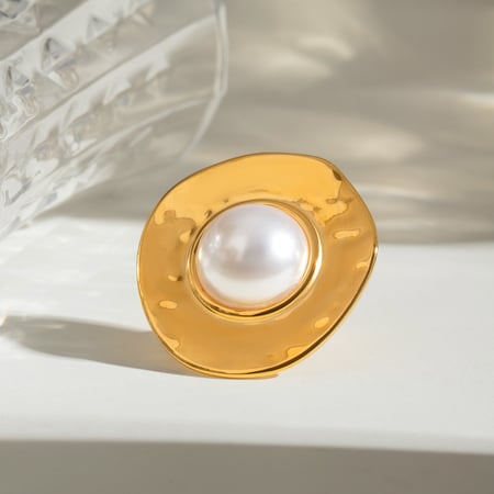 1 pair simple series retro geometric stainless steel  gold plated artificial pearl women adjustable rings