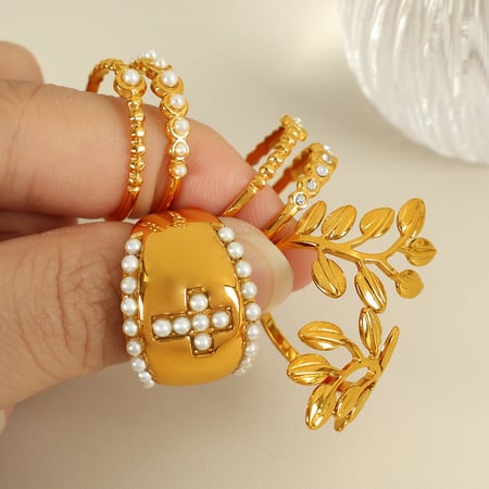 1 pair simple series retro cross stainless steel  gold plated artificial pearl women adjustable rings 2