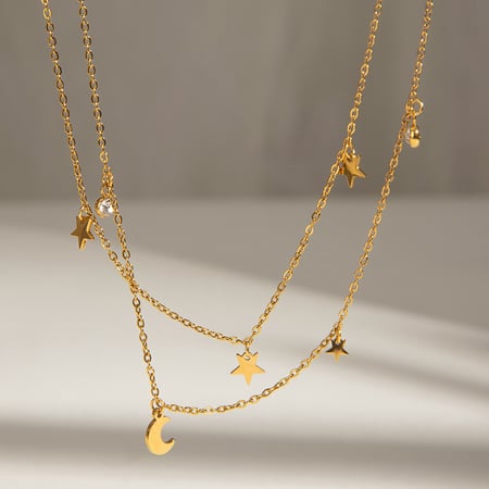 1 stuk eenvoudige serie elegante zon/maan roestvrij staal  vergulde strass dames gelaagde kettingen 2