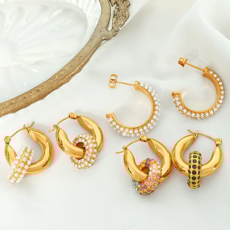 1 pair luxurious series retro geometric stainless steel  gold plated zircon women hoop earrings 2