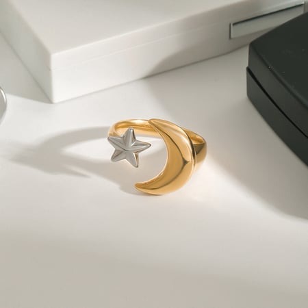 bague simple pour femme, série classique , en acier inoxydable couleur or, lune