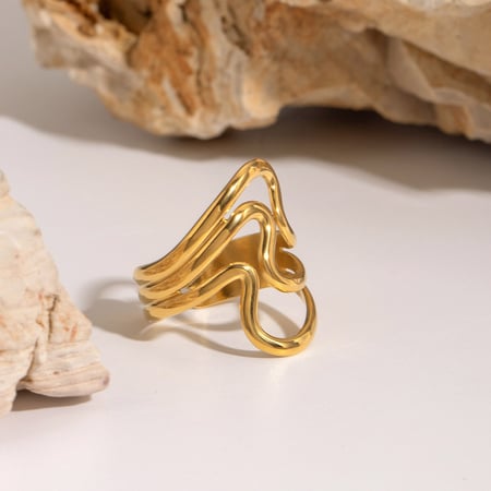 Anello singolo da donna in acciaio inossidabile placcato oro con motivo geometrico, 1 pezzo 2