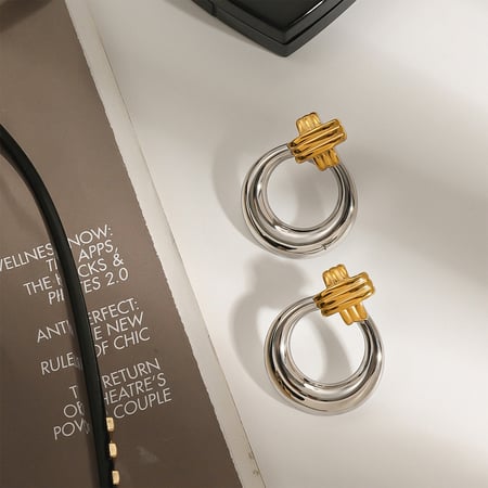 1 Pair Modern Series Daily Annular Stainless Steel Gold And Silver Mixed Color Women's Stud Earrings