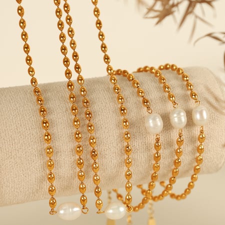 1 stuk eenvoudige serie retro kralen roestvrij staal  verguld kunstmatige parel dames kralen armbanden 2